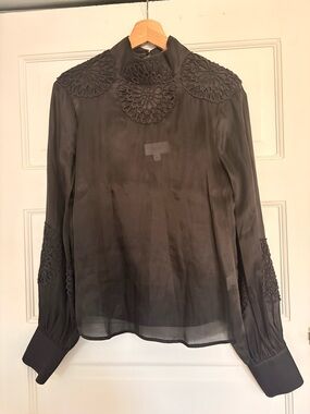CLEA Black Sheer Blouse with Floral Cutwork Medallions
